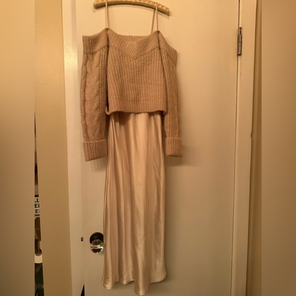 Elegant Cream Midi Dress with Tan Sweater Overlay